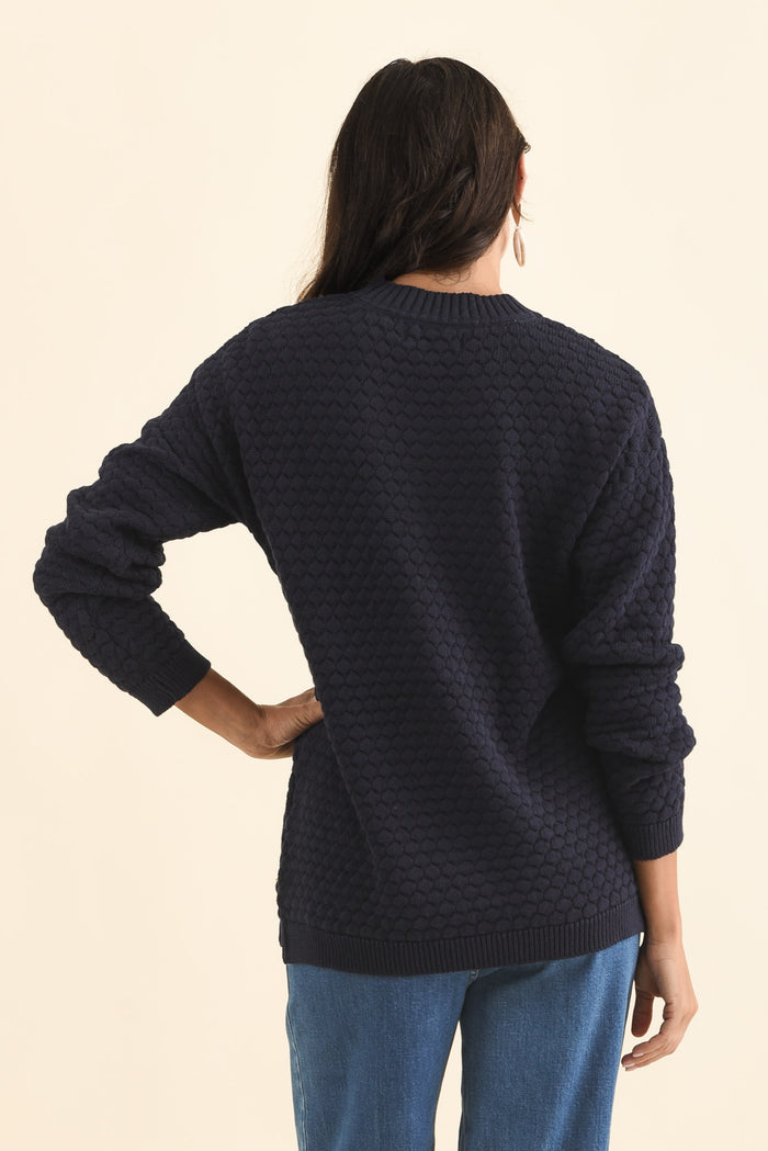 Yanny Navy Organic Cotton Knit Jumper,Brunette model,alt text|model:Brontie