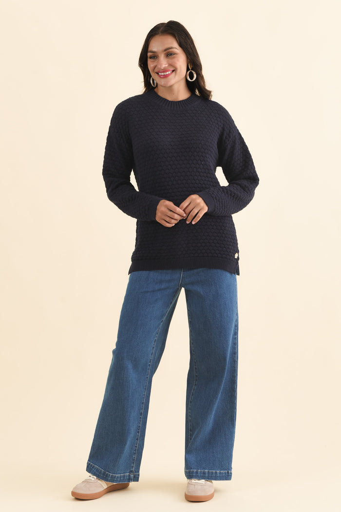 Yanny Navy Organic Cotton Knit Jumper,Brunette model,alt text|model:Brontie