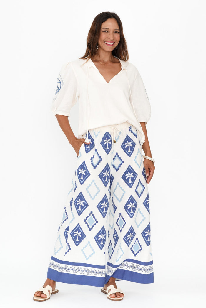 Yara Blue Palm Linen Pants,Brunette model,alt text|model:Cara