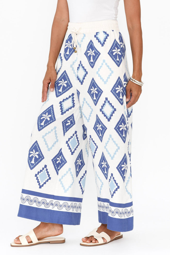 Yara Blue Palm Linen Pants,Brunette model,alt text|model:Cara
