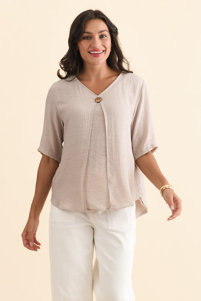 Yasmin Beige Layered Button Top,Brunette model,alt text|model:Brontie