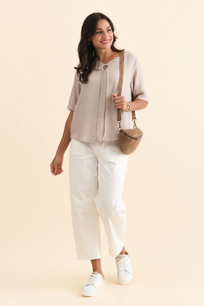 Yasmin Beige Layered Button Top,Brunette model,alt text|model:Brontie