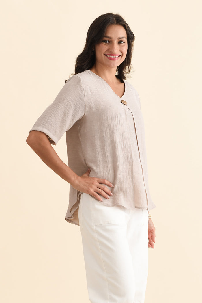 Yasmin Beige Layered Button Top,Brunette model,alt text|model:Brontie