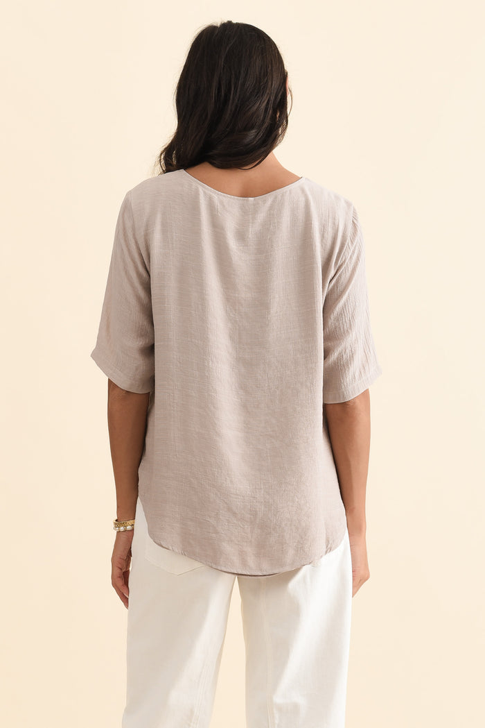 Yasmin Beige Layered Button Top,Brunette model,alt text|model:Brontie
