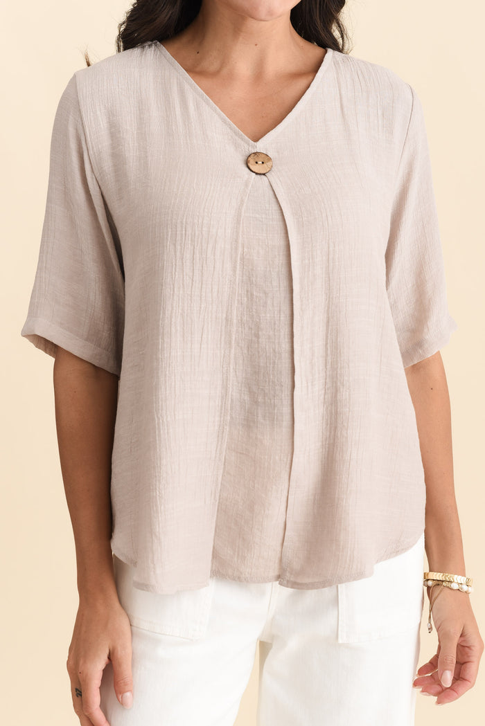 Yasmin Beige Layered Button Top,Brunette model,alt text|model:Brontie