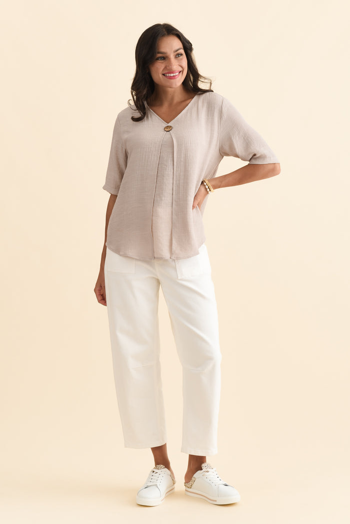 Yasmin Beige Layered Button Top,Brunette model,alt text|model:Brontie