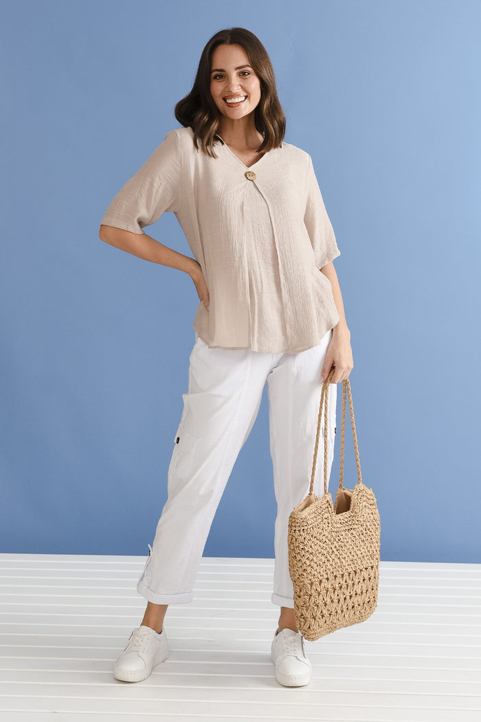Yasmin Beige Layered Button Top,the-art-of-cruise-packing