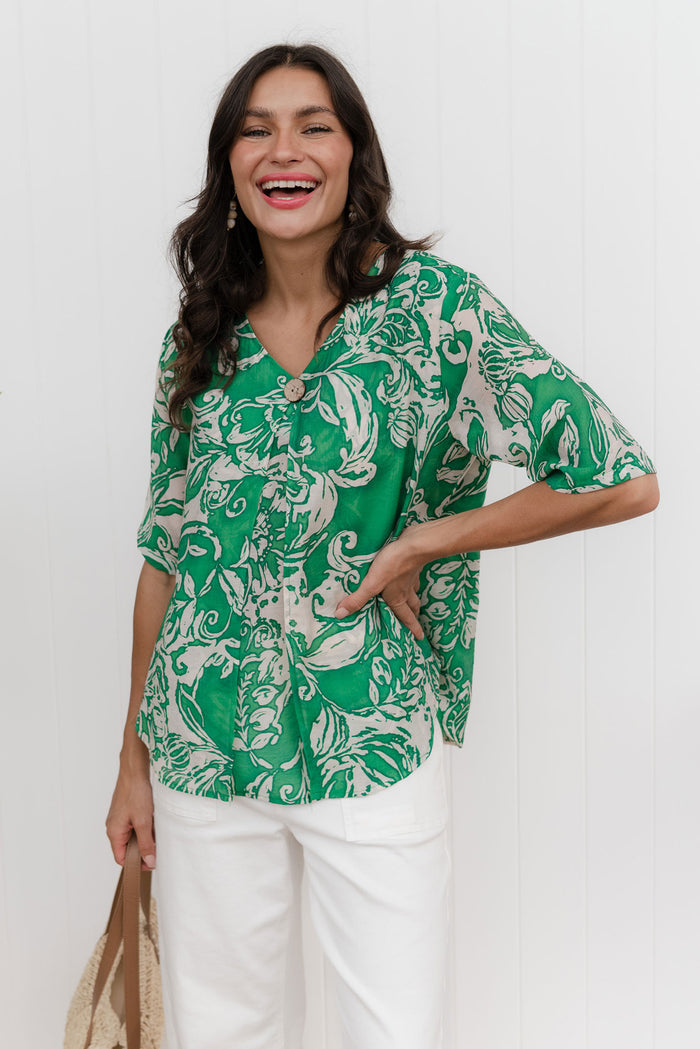 Yasmin Green Abstract Layered Button Top,Lifestyle