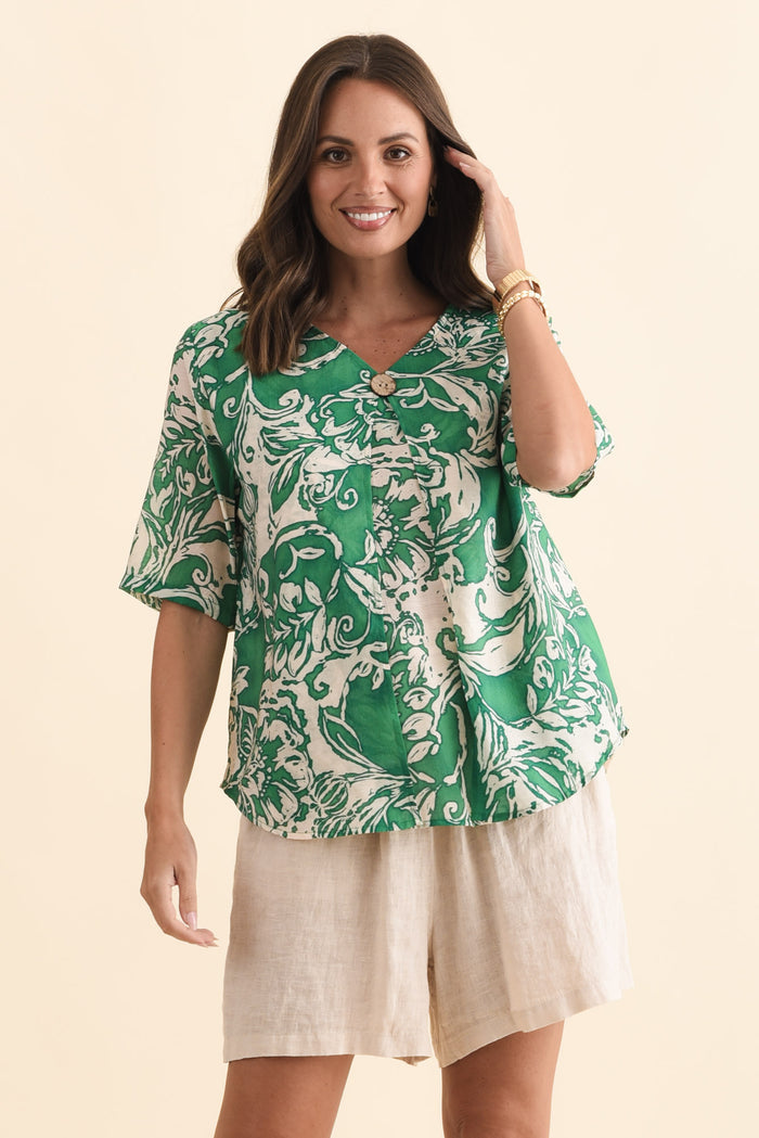 Yasmin Green Abstract Layered Button Top,Brunette model,alt text|model:MJ