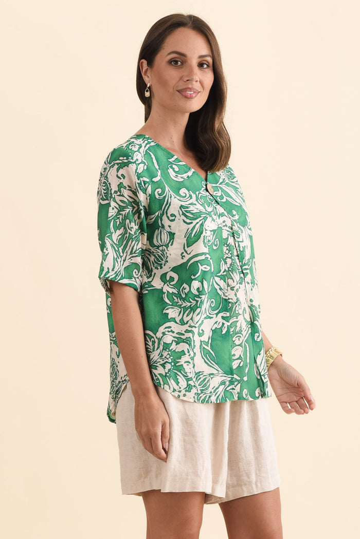 Yasmin Green Abstract Layered Button Top,Brunette model,alt text|model:MJ