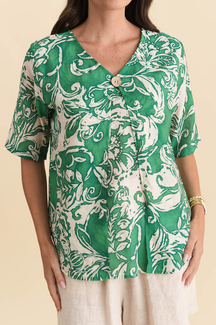 Yasmin Green Abstract Layered Button Top,Brunette model,alt text|model:MJ