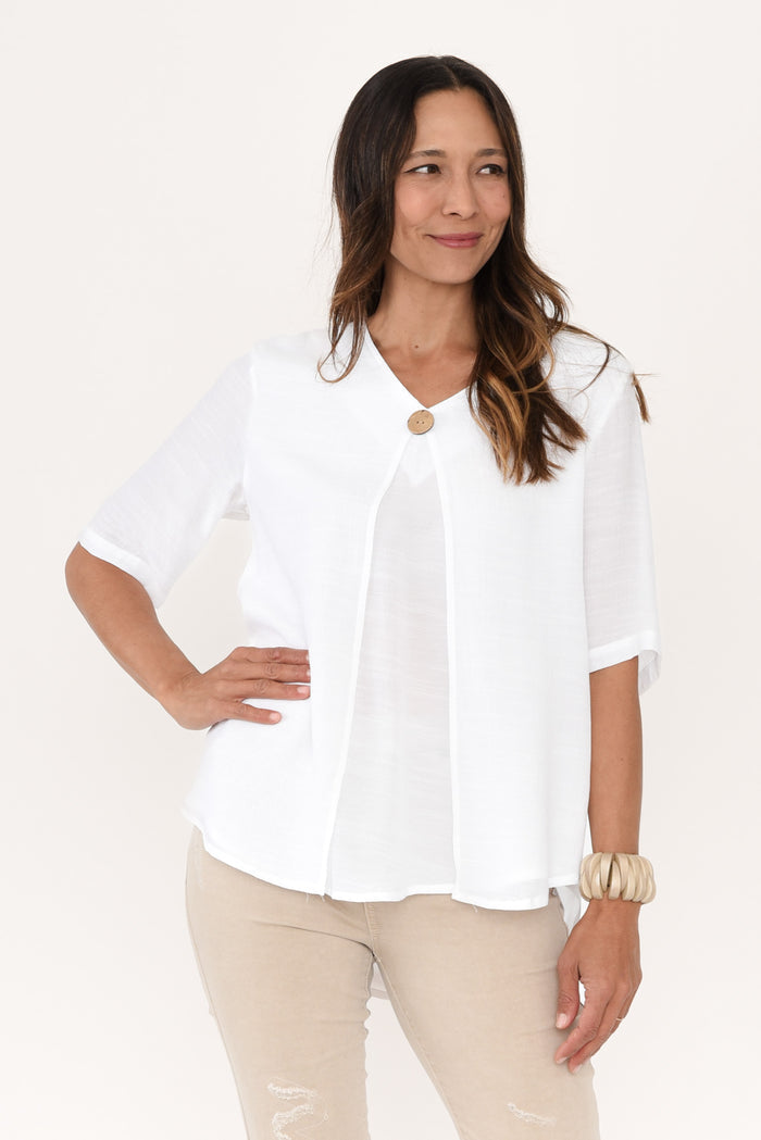 Yasmin White Layered Button Top,Brunette model,alt text|model:Cara