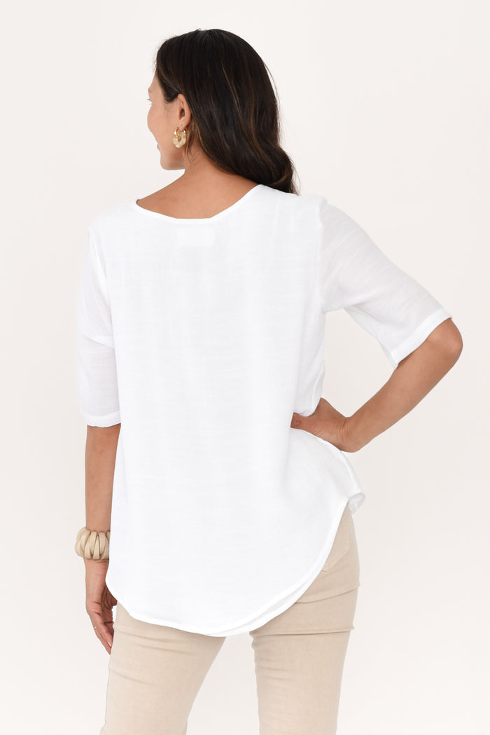 Yasmin White Layered Button Top,Brunette model,alt text|model:Cara