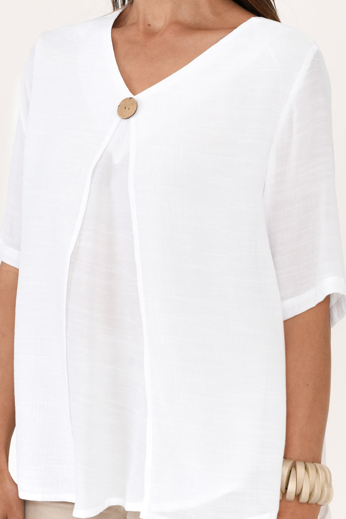 Yasmin White Layered Button Top,Brunette model,alt text|model:Cara