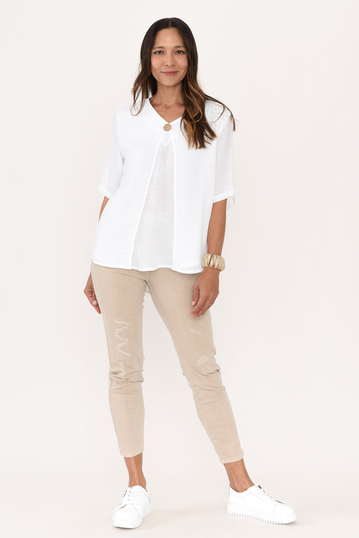 Yasmin White Layered Button Top,Brunette model,alt text|model:Cara