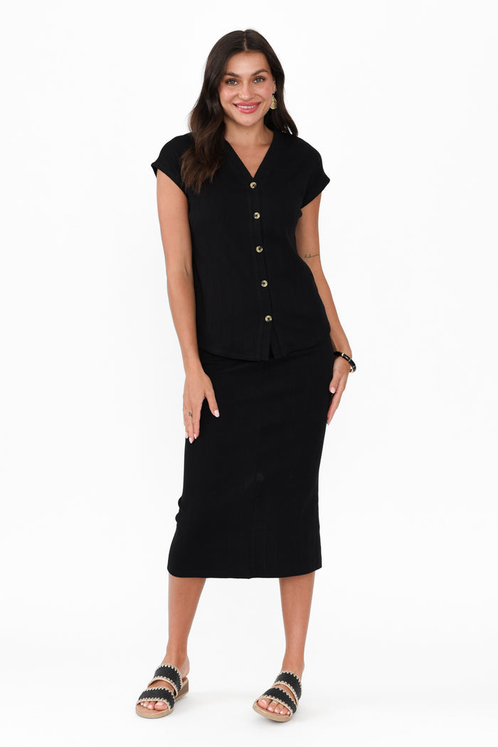 Yuki Black Cotton Blend Ribbed Skirt,Brunette model,alt text|model:Brontie
