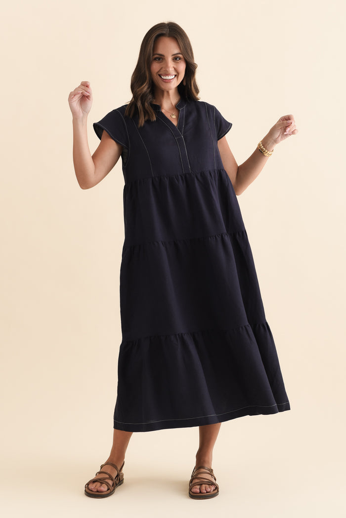 Yvette Navy Contrast Linen Blend Dress,Brunette model,alt text|model:MJ