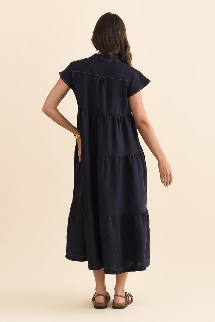 Yvette Navy Contrast Linen Blend Dress,Brunette model,alt text|model:MJ