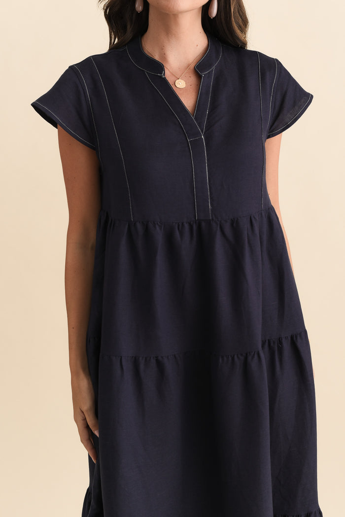 Yvette Navy Contrast Linen Blend Dress,Brunette model,alt text|model:MJ