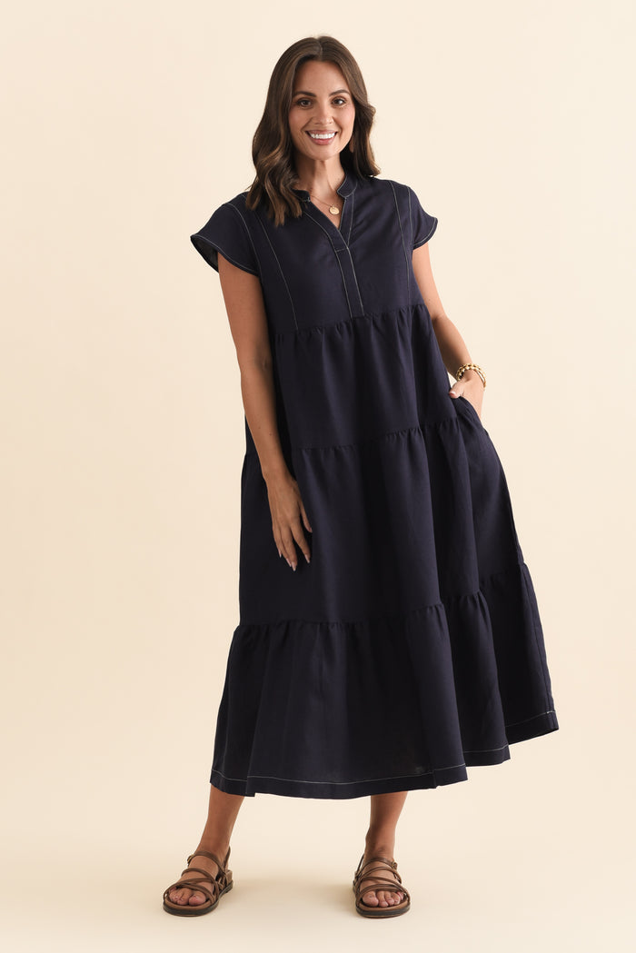 Yvette Navy Contrast Linen Blend Dress,Brunette model,alt text|model:MJ
