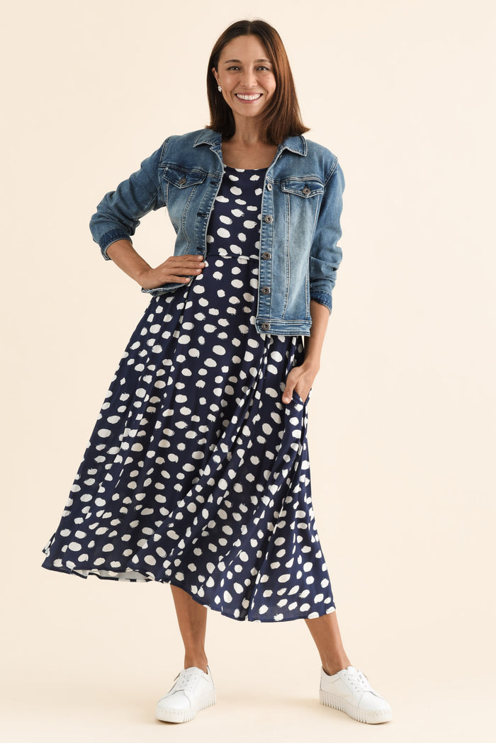 Zaelia Navy Spot Crescent Dress,Front,Brunette model,alt text|model:Cara