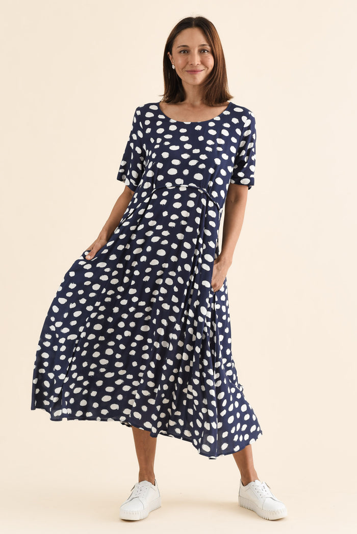 Zaelia Navy Spot Crescent Dress,Full Body,Brunette model,alt text|model:Cara