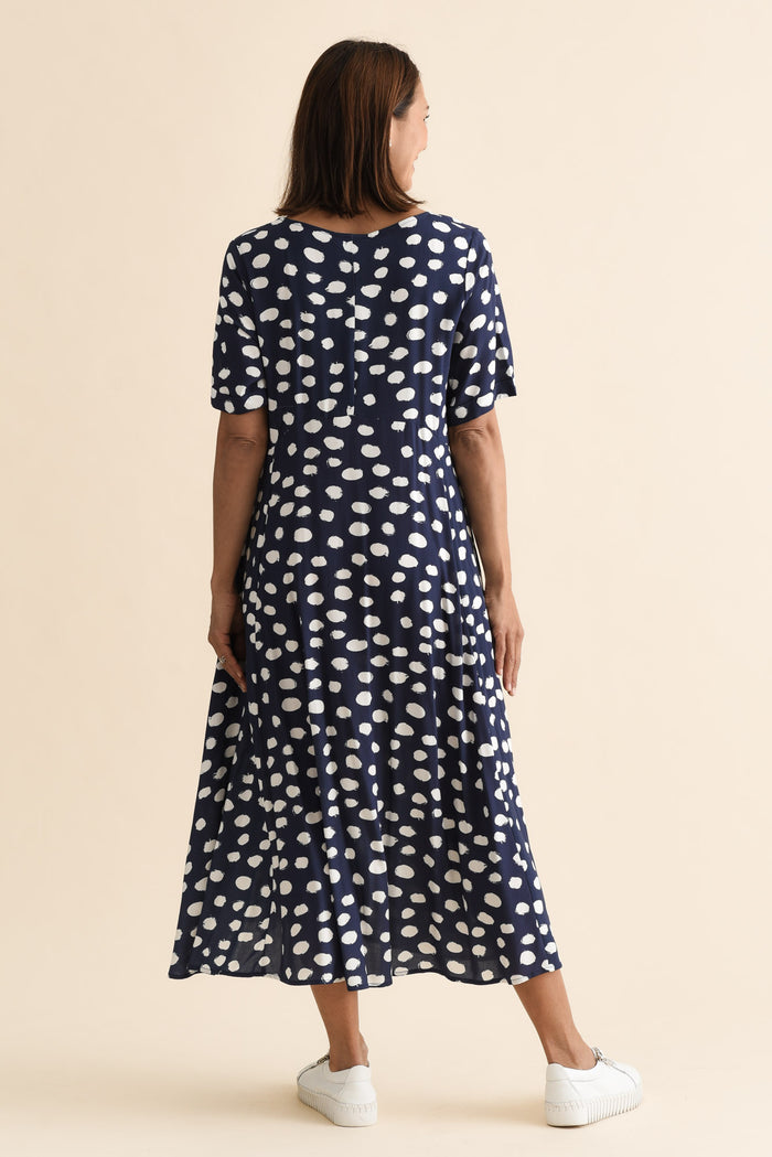 Zaelia Navy Spot Crescent Dress,Back,Brunette model,alt text|model:Cara