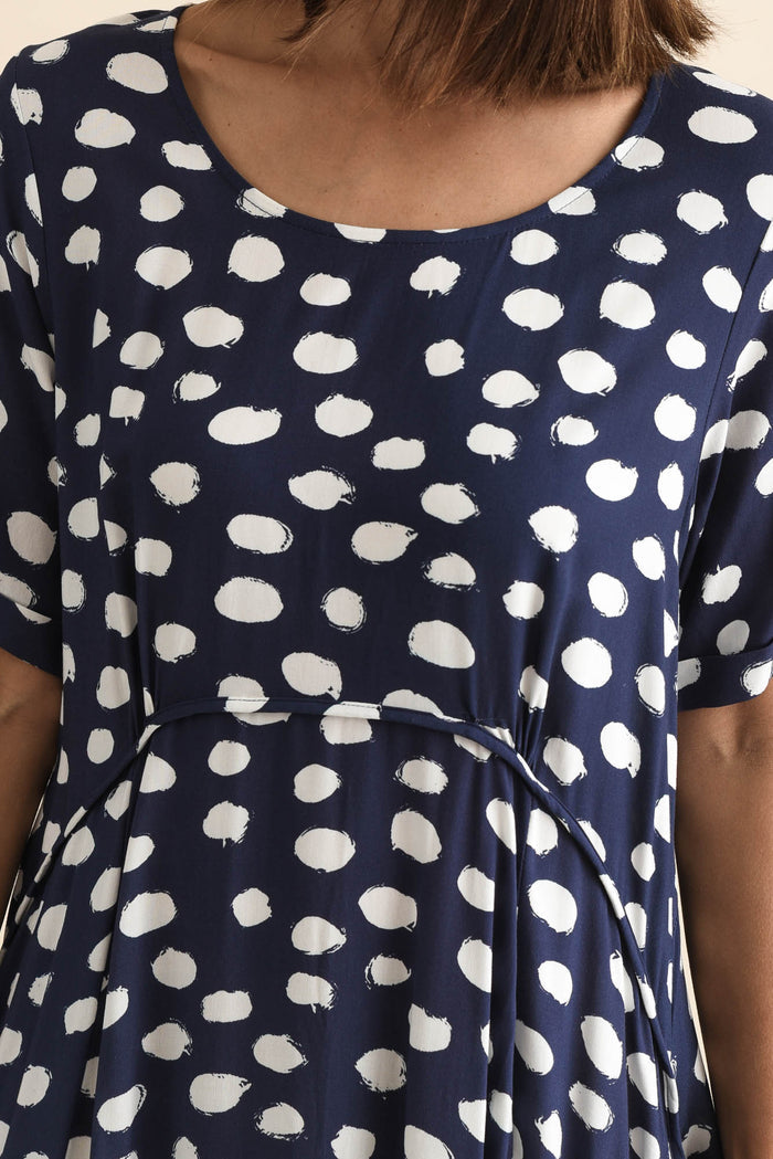 Zaelia Navy Spot Crescent Dress,Detail,Brunette model,alt text|model:Cara