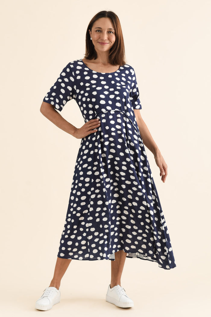 Zaelia Navy Spot Crescent Dress,Full Body,Brunette model,alt text|model:Cara