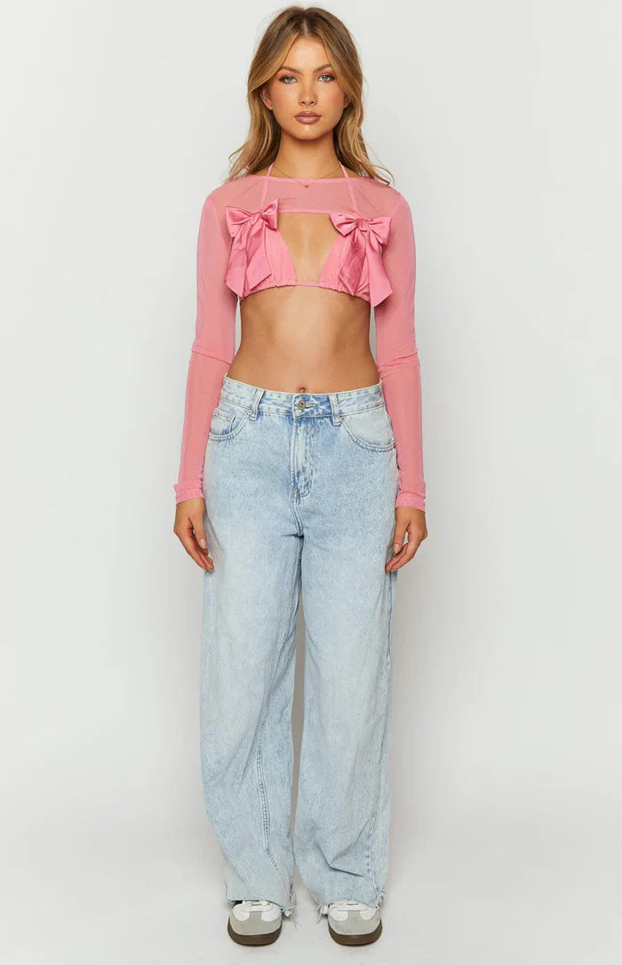 Zayden Pink Mesh Bow Top And Bolero