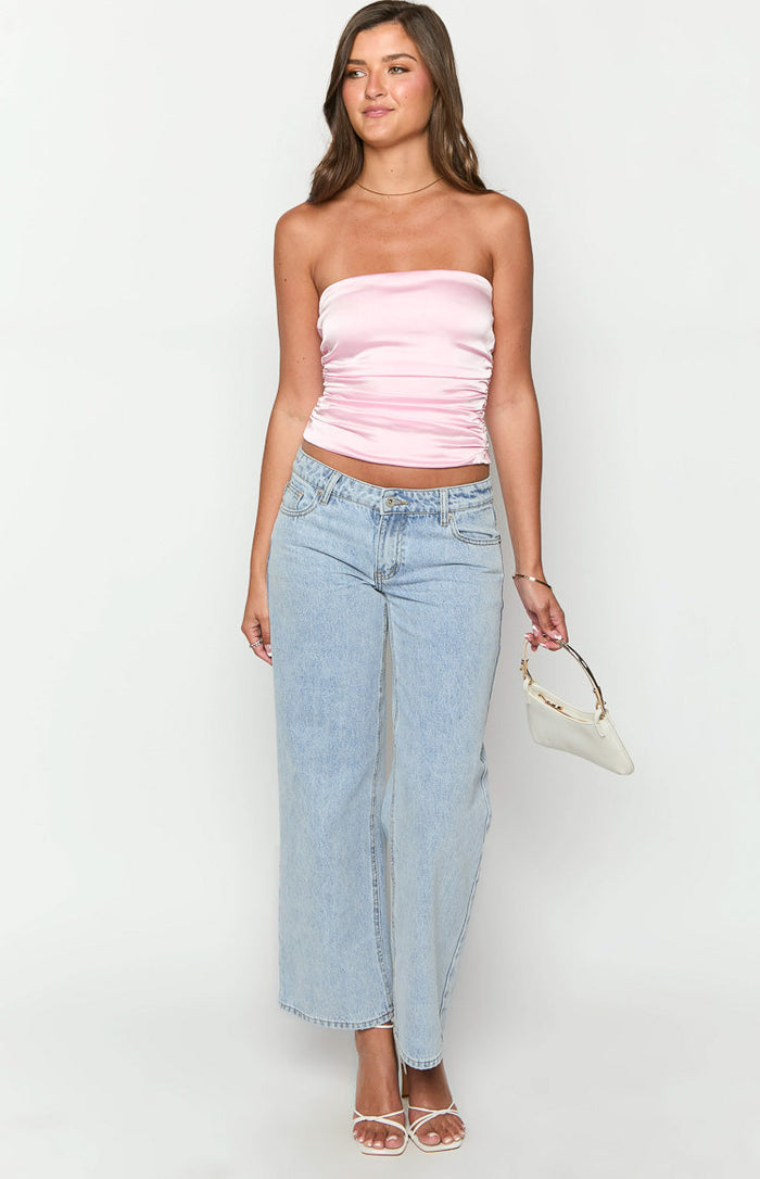 Pink strapless satin top with gathered ruching detail along the side seams
