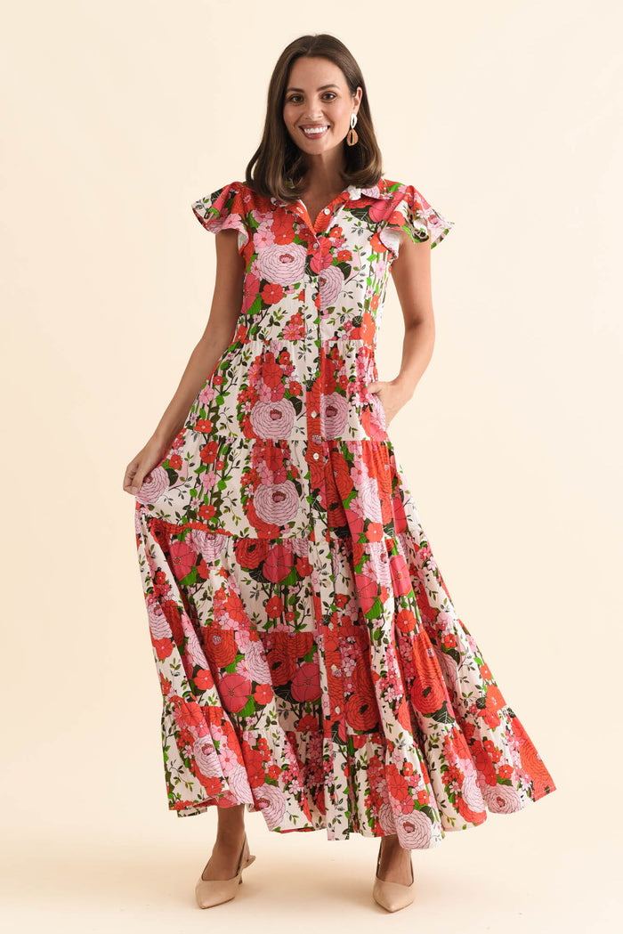 Zelde Pink Floral Cotton Shirt Dress,Brunette model,alt text|model:MJ