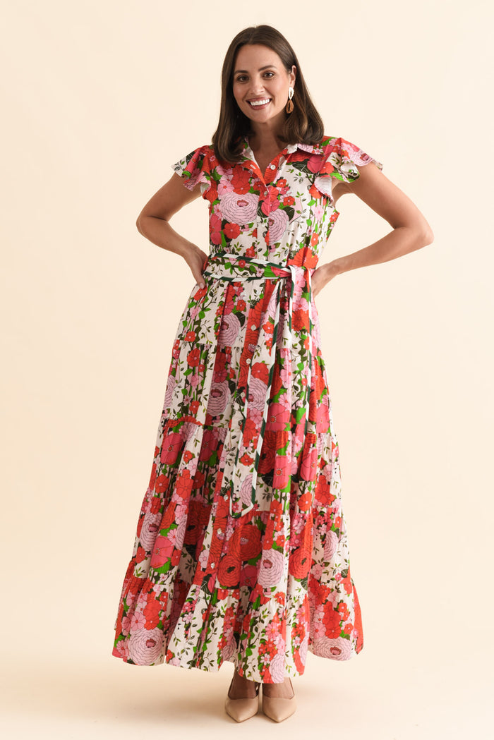 Zelde Pink Floral Cotton Shirt Dress,Brunette model,alt text|model:MJ