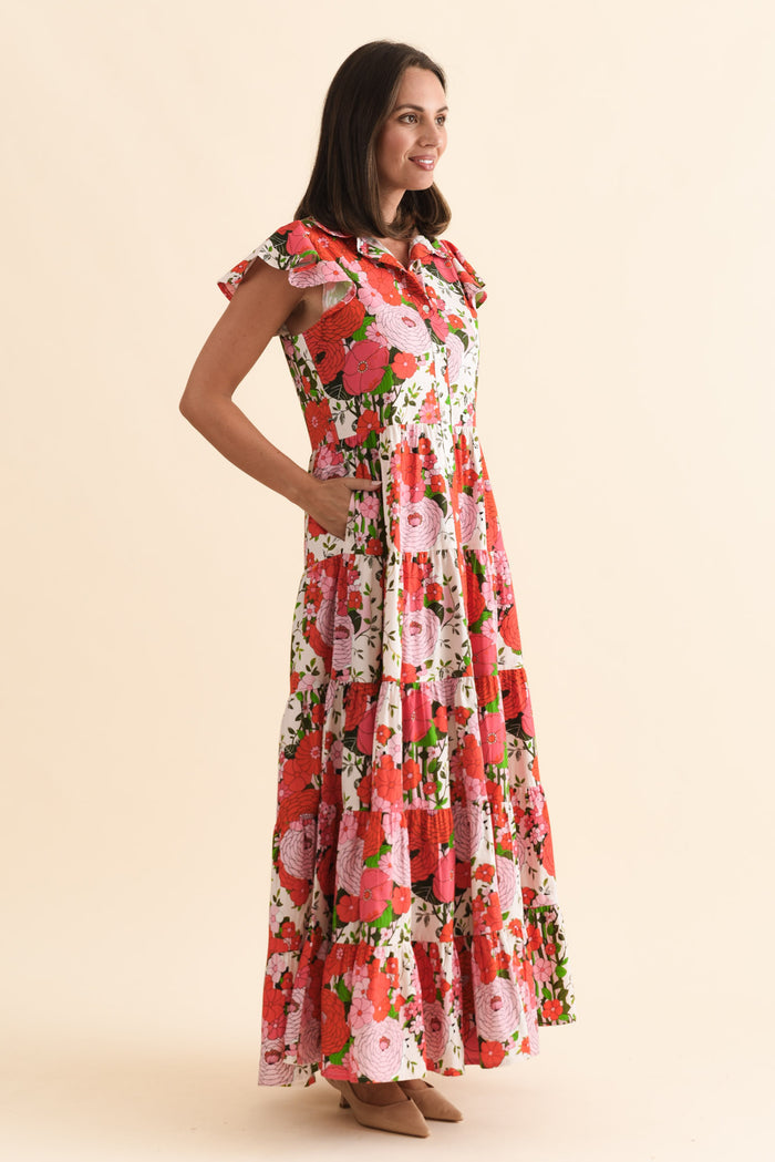 Zelde Pink Floral Cotton Shirt Dress,Brunette model,alt text|model:MJ
