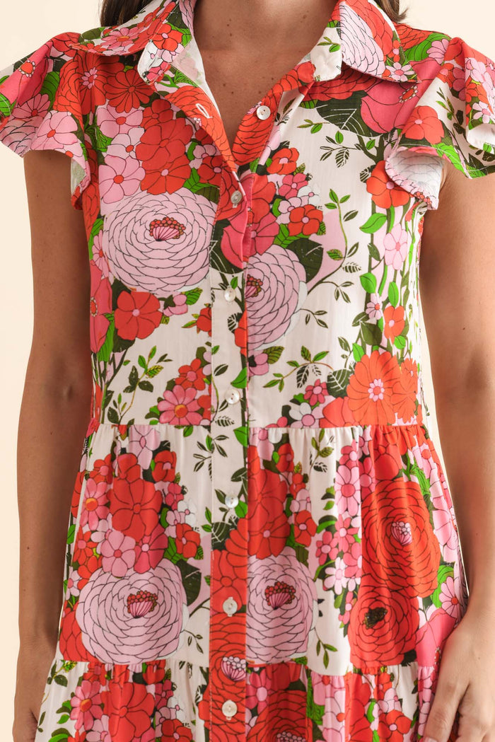 Zelde Pink Floral Cotton Shirt Dress,Brunette model,alt text|model:MJ