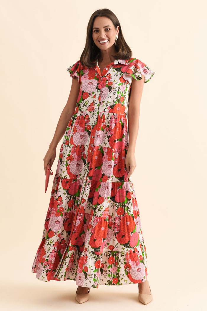Zelde Pink Floral Cotton Shirt Dress,Brunette model,alt text|model:MJ