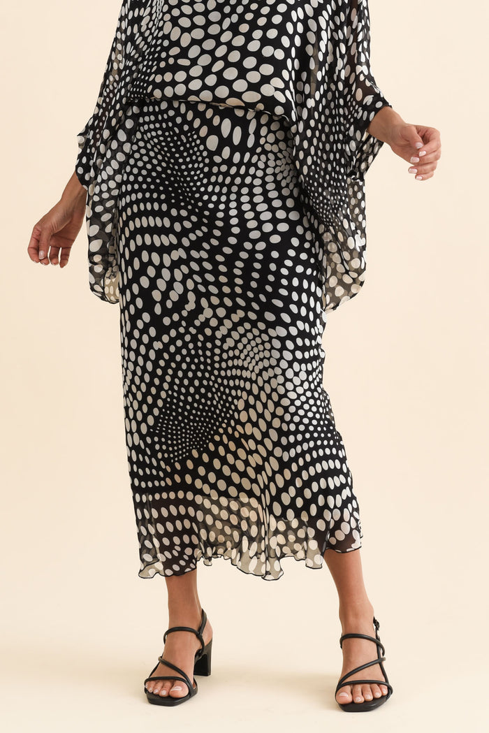 Zilpha White Spot Silk Skirt,Brunette model,alt text|model:Brontie