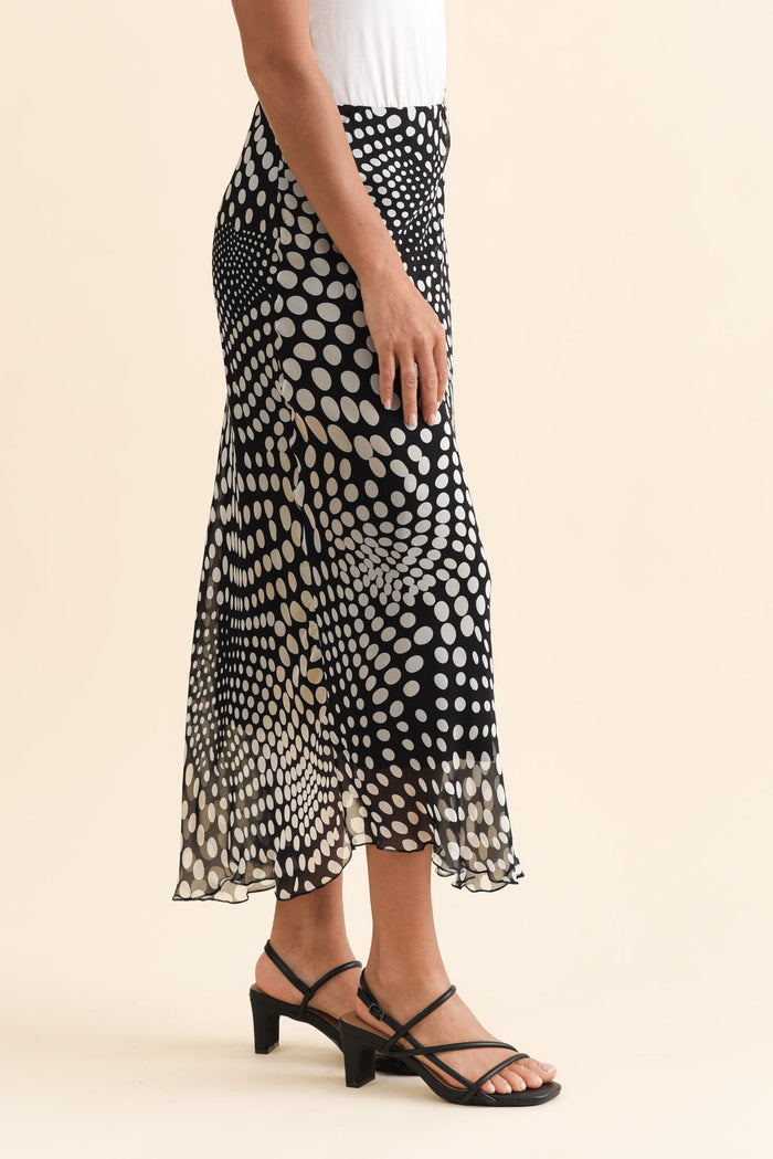 Zilpha White Spot Silk Skirt,Brunette model,alt text|model:Brontie