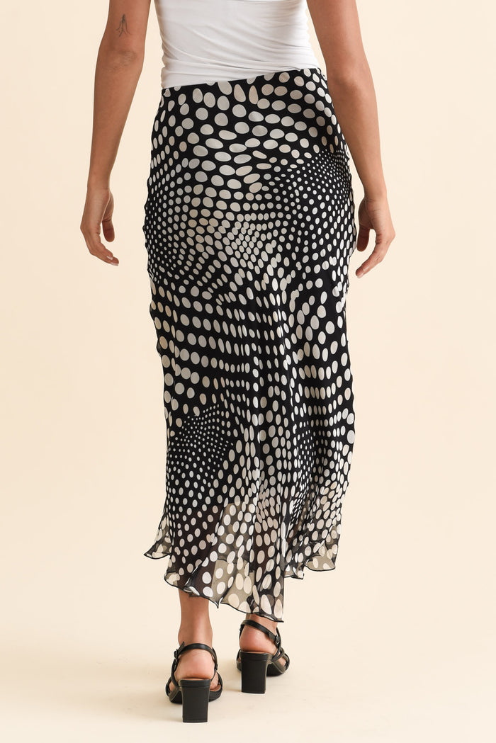 Zilpha White Spot Silk Skirt,Brunette model,alt text|model:Brontie