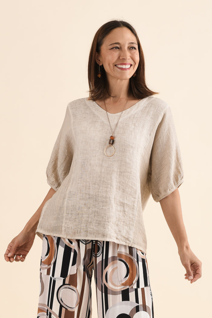 Ziola Beige Linen Cotton Top,Front,Brunette model,alt text|model:Cara