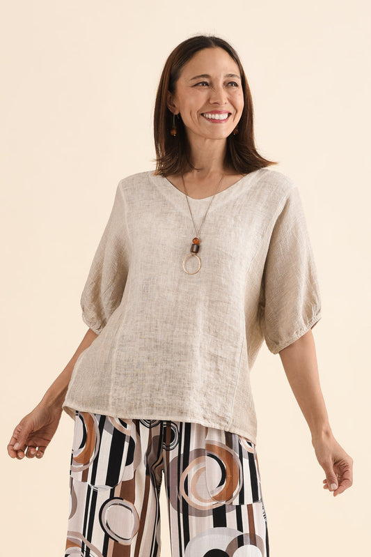 Ziola Beige Linen Cotton Top,Front,Brunette model,alt text|model:Cara