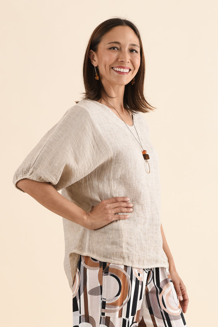Ziola Beige Linen Cotton Top,Side,Brunette model,alt text|model:Cara