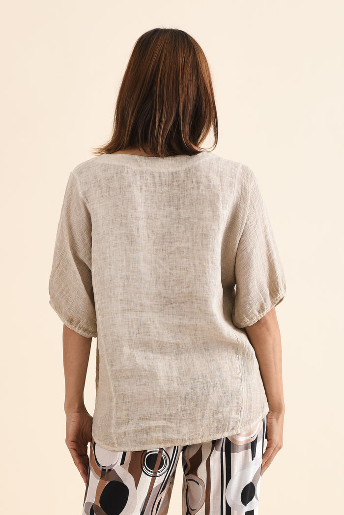 Ziola Beige Linen Cotton Top,Back,Brunette model,alt text|model:Cara