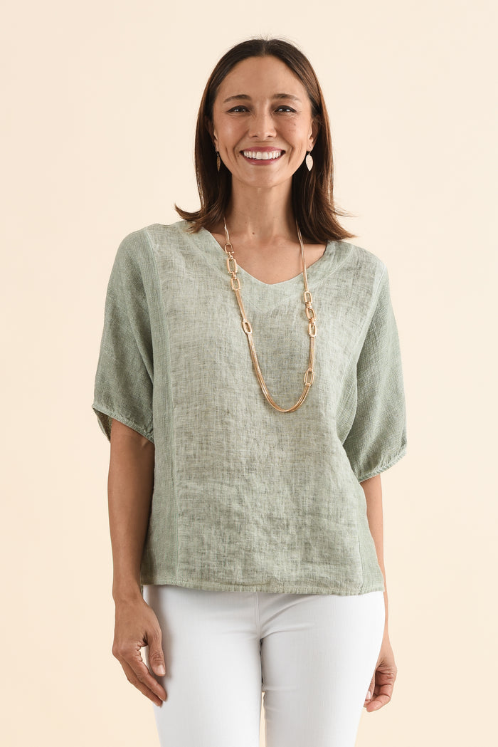 Ziola Khaki Linen Cotton Top,Front,Brunette model,alt text|model:Cara