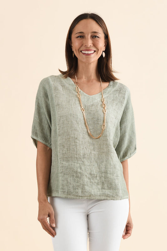 Ziola Khaki Linen Cotton Top,Front,Brunette model,alt text|model:Cara