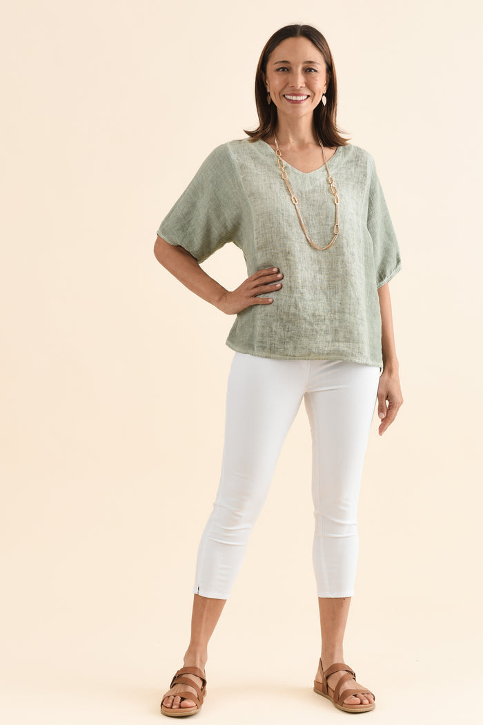 Ziola Khaki Linen Cotton Top,Full Body,Brunette model,alt text|model:Cara