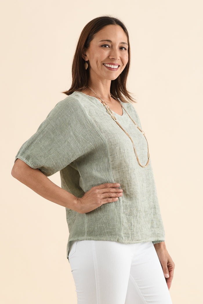 Ziola Khaki Linen Cotton Top,Side,Brunette model,alt text|model:Cara