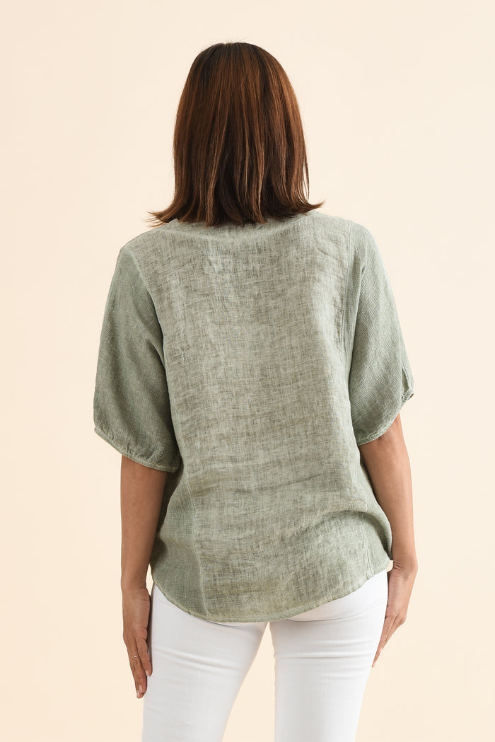 Ziola Khaki Linen Cotton Top,Back,Brunette model,alt text|model:Cara