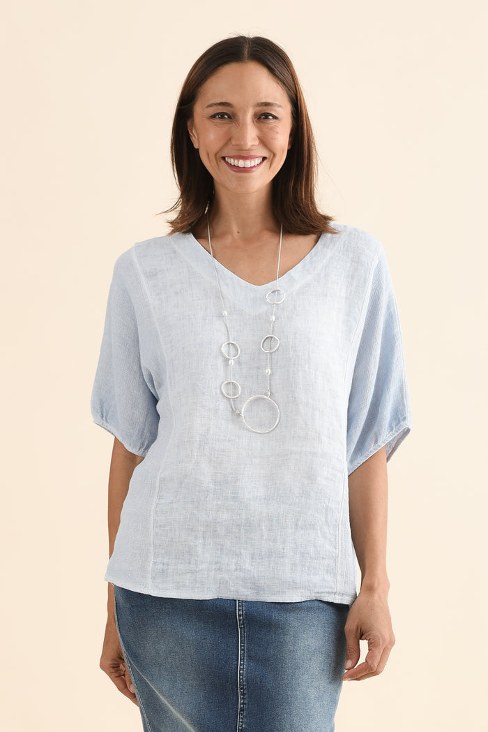 Ziola Light Blue Linen Cotton Top,Front,Brunette model,alt text|model:Cara