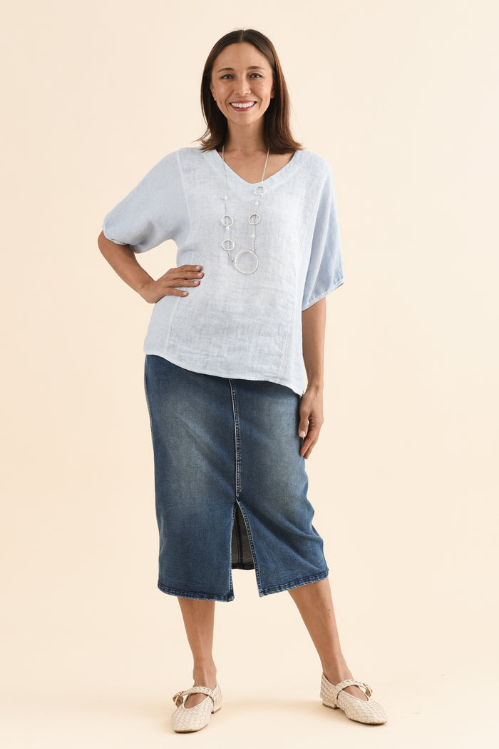 Ziola Light Blue Linen Cotton Top,Full Body,Brunette model,alt text|model:Cara